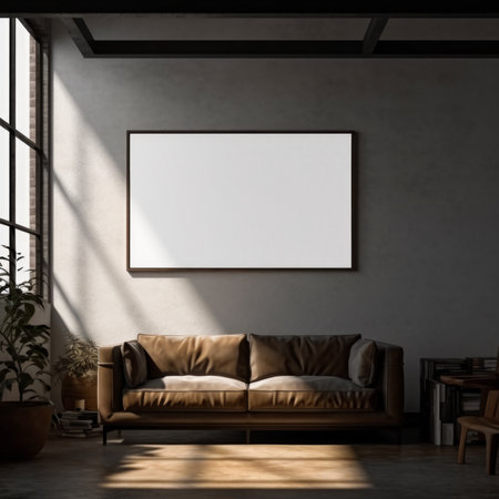 Interior of living room with white walls, concrete floor, brown leather sofa and horizontal mock up poster frame.の素材
