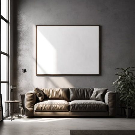 Interior of modern living room with gray walls, concrete floor, brown sofa and vertical mock up poster frame.の素材