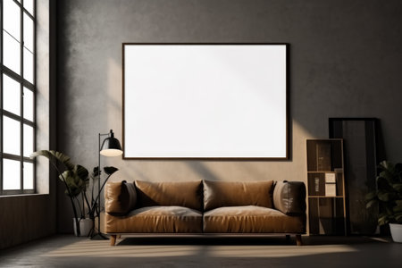 Modern living room interior with empty poster on wall and brown sofa. mockup,の素材
