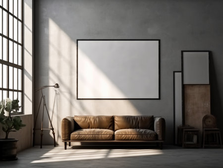 Interior of modern living room with gray walls, concrete floor, brown sofa and two vertical mock up posters.の素材