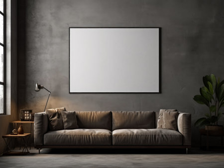 Modern living room interior with empty poster on wall. mockup,の素材