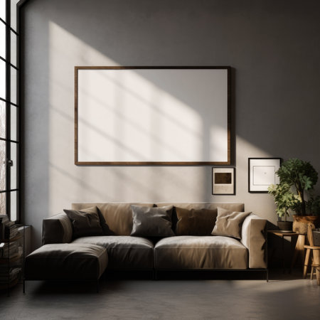 Interior of modern living room with gray walls, concrete floor, comfortable brown sofa with pillows and vertical mock up poster frame.の素材