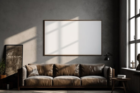 Interior of modern living room with gray walls, wooden floor, brown leather sofa and mock up poster frame.の素材