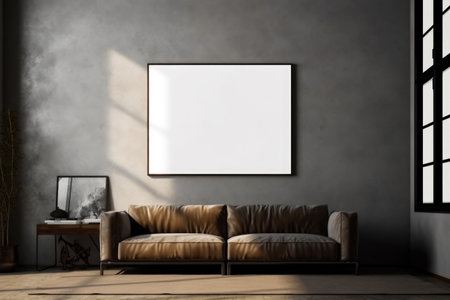 Modern living room interior with empty white poster on wall and brown sofa. mockup,の素材