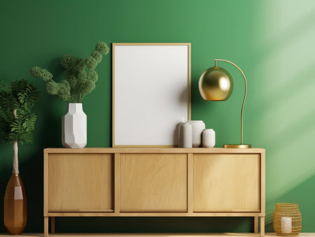 Interior of modern living room with green walls, wooden floor, chest of drawers, vertical mock up poster frameの素材