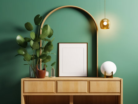 Interior of modern living room with green walls, wooden chest of drawers, round mirror and plant.の素材
