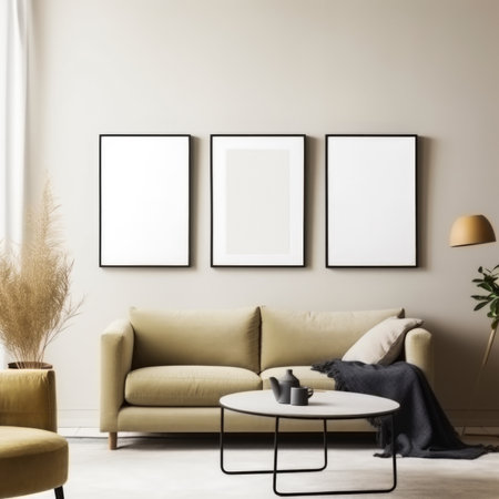 Modern living room interior with three vertical posters on the wall. Mock upの素材