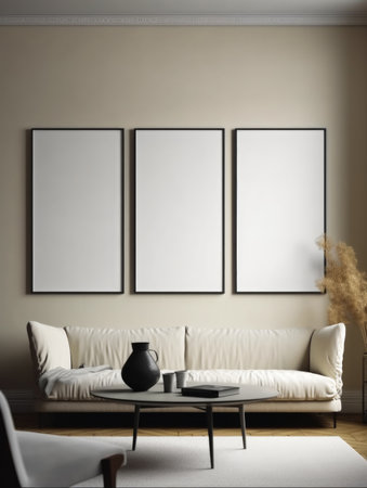 Modern living room interior with empty poster frames. Mock upの素材
