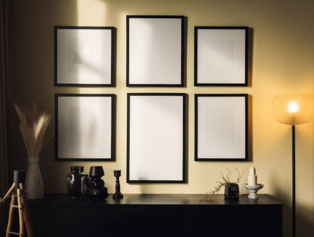 Interior of a living room with black and white frames on the wallの素材