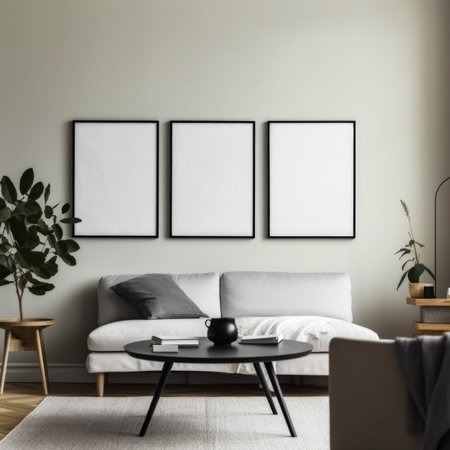 Interior of modern living room with gray walls, concrete floor, comfortable sofa and mock up poster frames.の素材