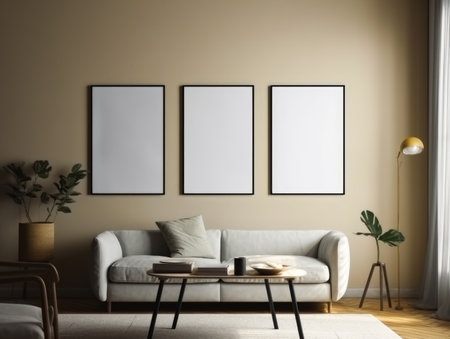 Living room interior with two blank posters on the wall. Mock upの素材