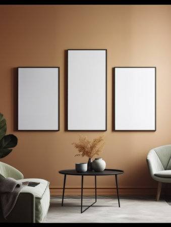 Interior of modern living room with two vertical posters on the wallの素材