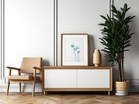 Interior of living room with white walls, wooden floor, white chest of drawers, chair and plant.の素材