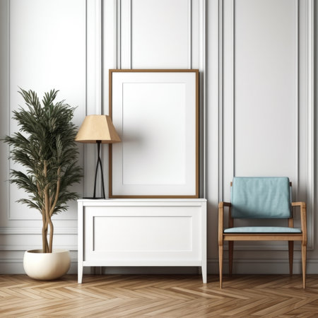 Living room interior with white walls, parquet floor, classic armchair and poster.の素材