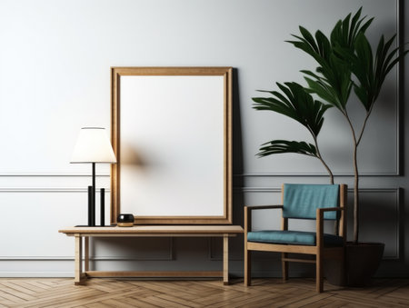 Interior of modern living room with white walls, wooden floor, comfortable armchair and wooden coffee table. Mock up poster frame.の素材