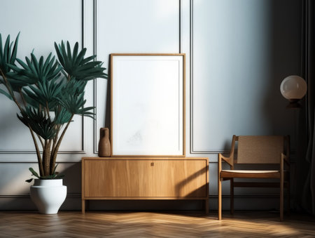 Modern living room interior with empty picture frame, armchair and plants. Mock upの素材