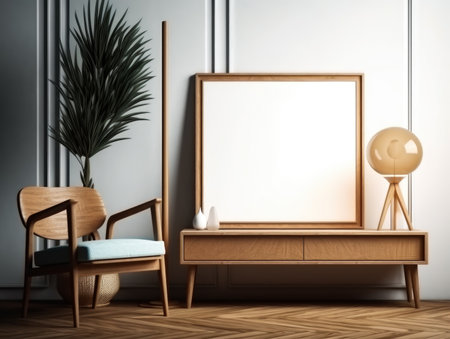 Interior of living room with white walls, wooden floor, brown armchair and white mock up poster frame.の素材