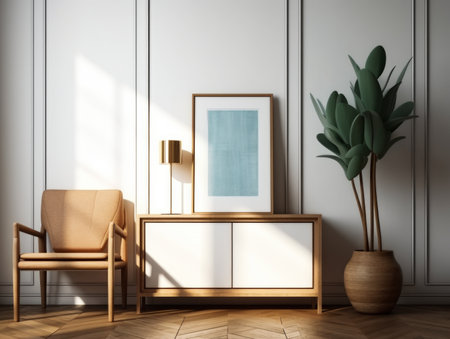 Interior of modern living room with white walls, wooden floor, comfortable beige armchair and picture frame.の素材
