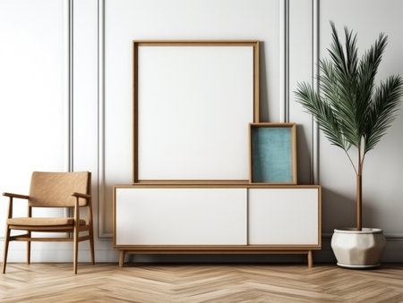 Interior of modern living room with white walls, wooden floor, white wooden cupboard with vertical mock up poster frame and armchair.の素材