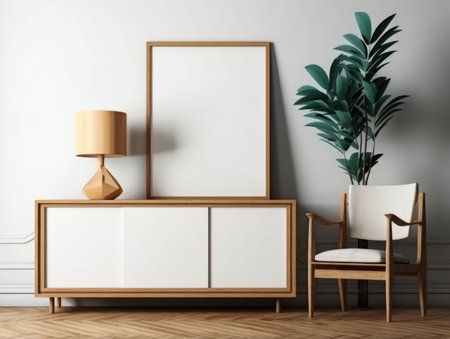 Interior of living room with white walls, wooden floor, wooden cupboard, brown armchair and mock up poster frame.の素材