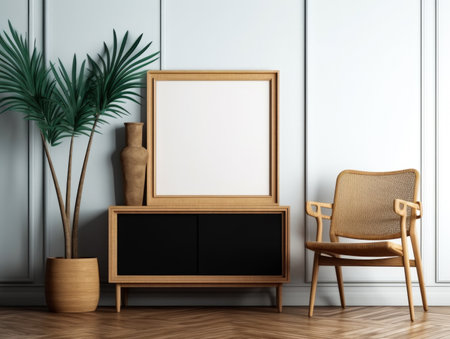 Interior of living room with wooden commode, armchair and plant. Mock upの素材
