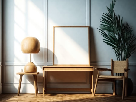 Modern living room interior with empty picture frame on the wall. Mock upの素材