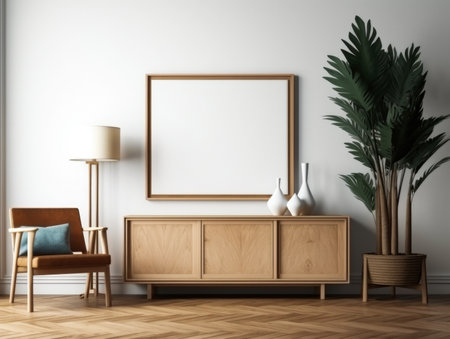 Interior of modern living room with white walls, wooden floor, wooden cabinet with brown armchair and vertical mock up poster frame.の素材