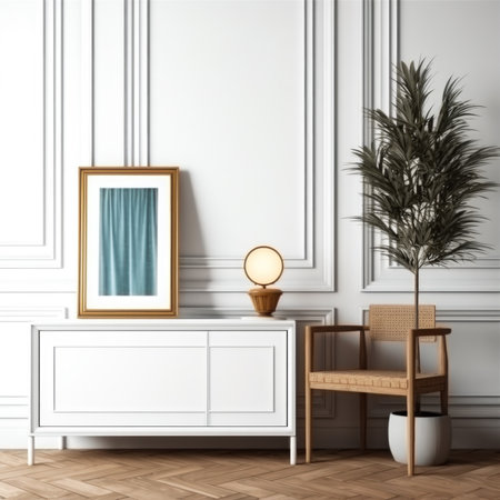 Classic interior with white walls, parquet floor, armchair and mirror.の素材