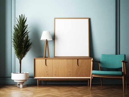 Interior of living room with blue walls, wooden floor, green armchairs and vertical mock up poster frame.の素材