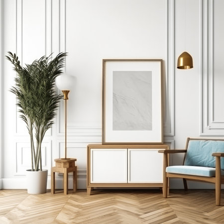 Interior of classic living room with white walls, wooden floor, comfortable armchair and white mock up poster frame.の素材