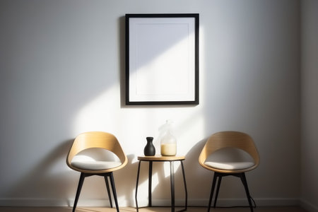 Two chairs in a room with a white wall and a black frameの素材