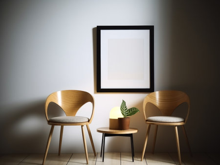 Interior of modern living room with two chairs and blank picture frameの素材