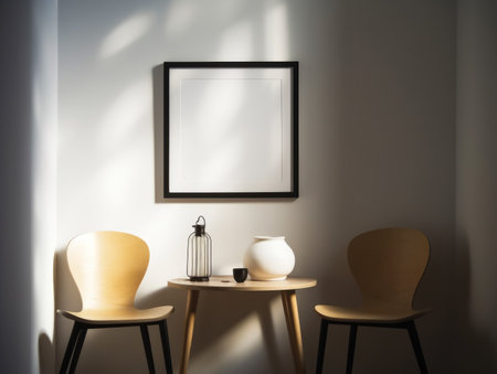 Interior of modern living room with two chairs, coffee table and picture frameの素材