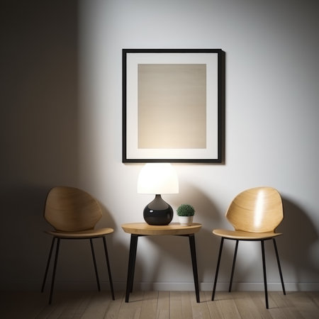 Interior of a modern living room with two chairs, a lamp and a picture.の素材