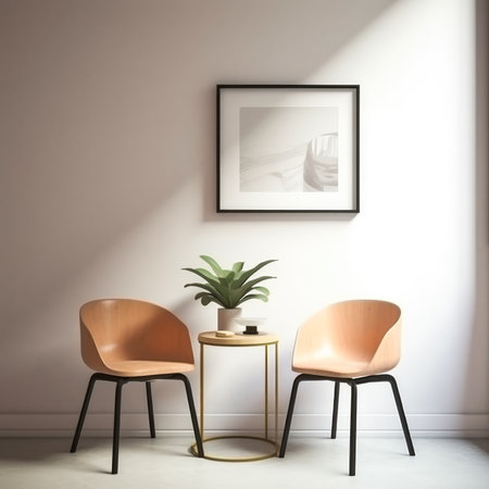 interior with two chairs and a picture on the wall.の素材