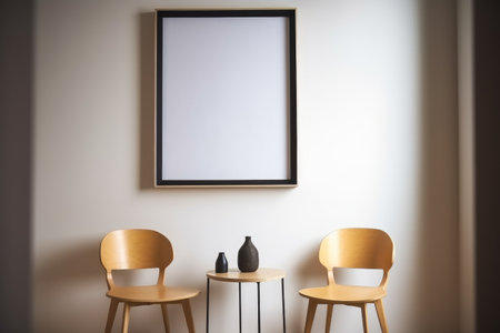 Interior of modern cafe with two chairs and empty poster. Mock upの素材