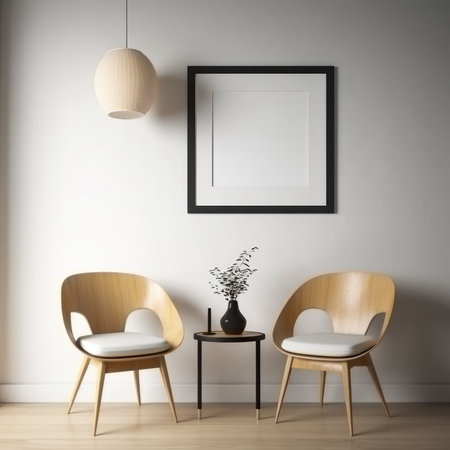 Interior of modern living room with two wooden chairs and picture frame.の素材
