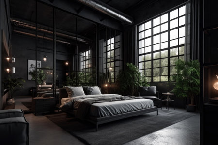 modern bedroom in loft style with black walls and wooden floorの素材