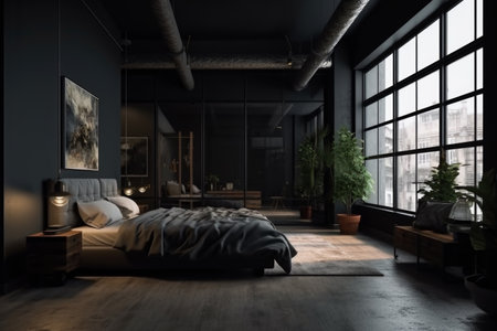 Interior of modern bedroom with black walls, concrete floor, comfortable king size bed and window with city view.の素材