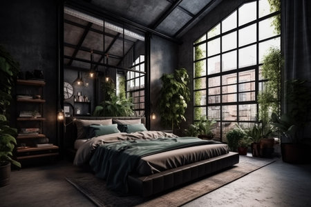 of cozy bedroom with big window and green plants.の素材