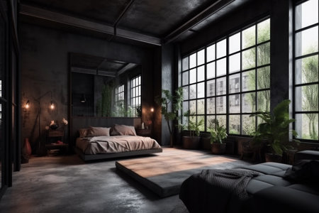 Interior of loft bedroom with black walls, concrete floor, comfortable king size bed and dark wooden wardrobe.の素材