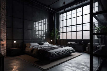 Interior of modern bedroom with black walls, concrete floor, comfortable king size bed and big window with city view.の素材