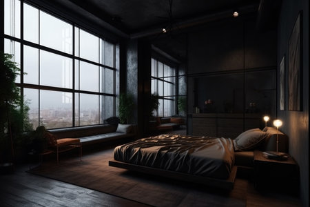 Interior of modern loft bedroom with gray walls, wooden floor, comfortable king size bed and big window with city view.の素材