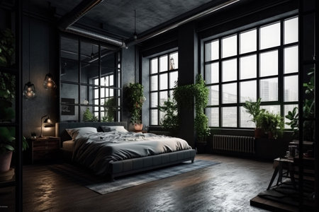 interior design of modern bedroom with black wooden floor and large windowの素材