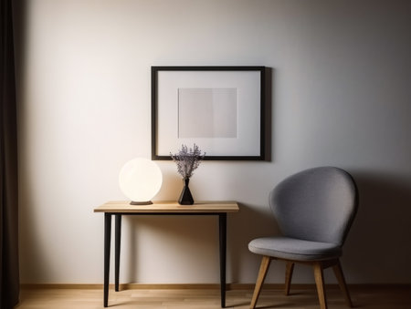 Interior of a living room with a black frame and a chairの素材