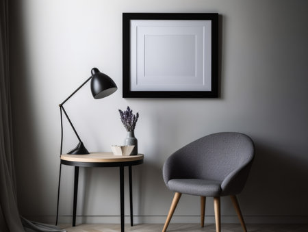 Interior of modern living room with gray armchair, table, lamp and vase with lavender flowersの素材