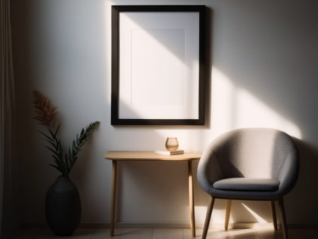 Interior of modern living room with armchair, coffee table and picture frameの素材
