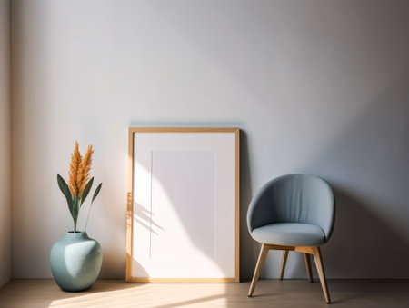 Modern interior with empty picture frame, armchair and plant. Mock upの素材