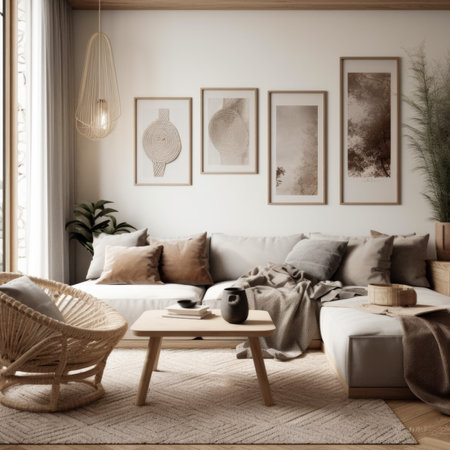 Living room interior with sofa, armchair, coffee table and posters.の素材