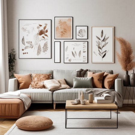 Modern scandinavian interior design living room with sofa, coffee table and postersの素材